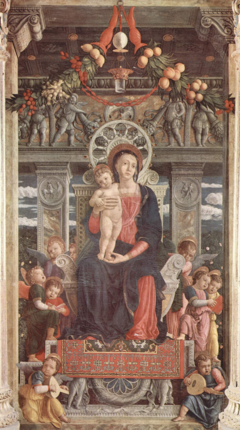 Андреа Мантенья. Алтарь церкви Сан Дзено в Вероне, триптих, центральная часть. Мадонна на троне и ангелы