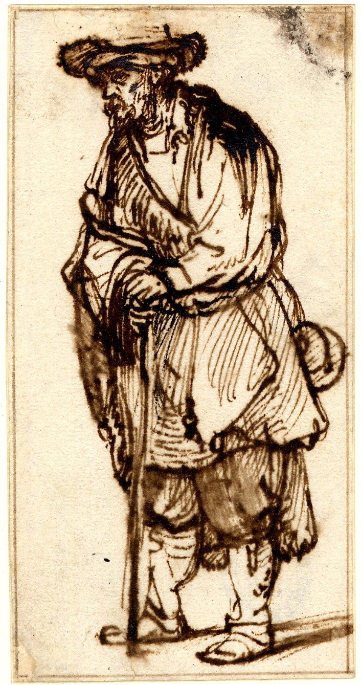 Рембрандт Харменс ван Рейн. Бородатый мужчина в меховой шапке, опирающийся на палку