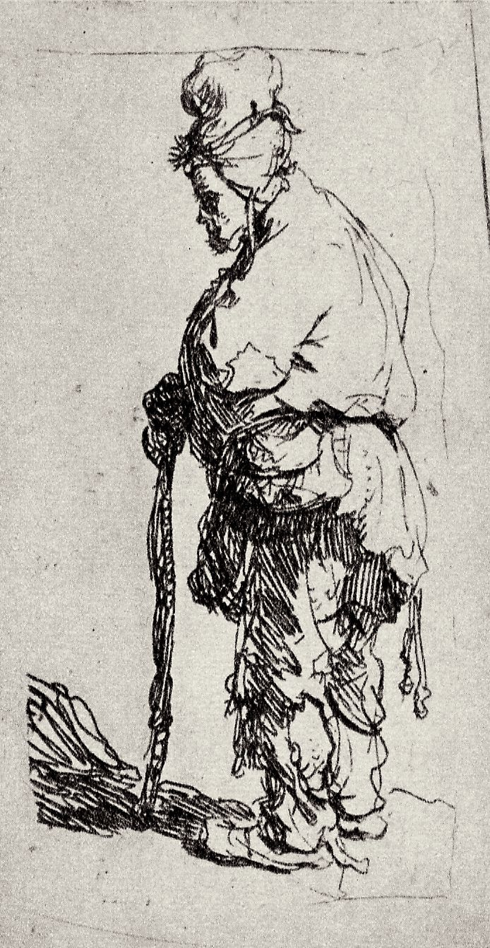 Рембрандт Харменс ван Рейн. Нищий в высокой шапке, опирающийся на палку