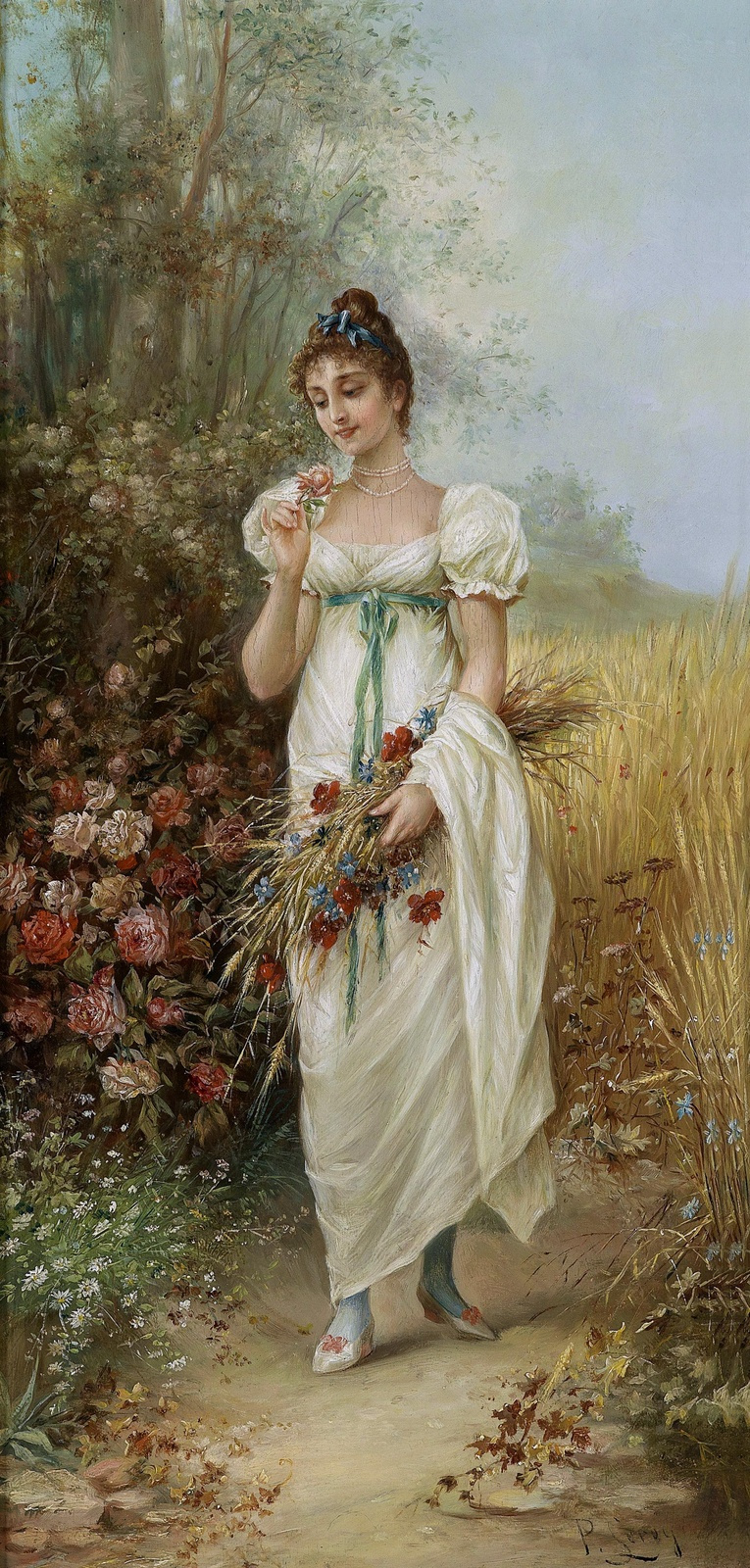 Ханс Зацка. Девушка с луговыми цветами и розами