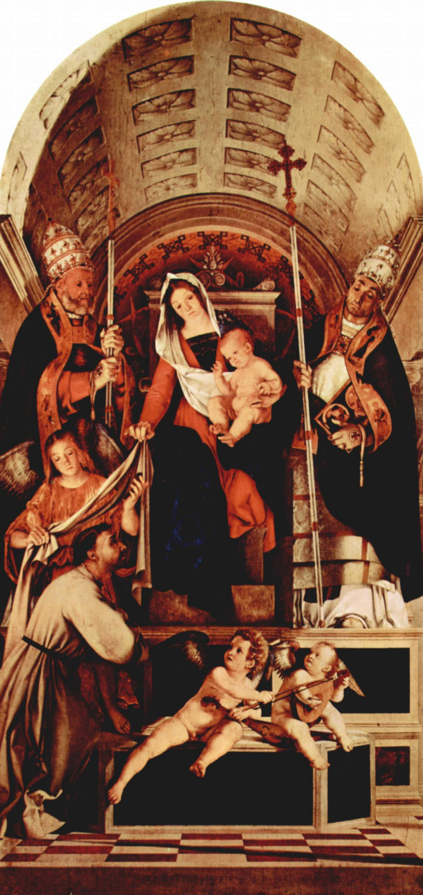 Лоренцо Лотто. Алтарный полиптих Реканати, центральная часть. Мария на троне с младенцем Иисусом, три ангела, св. Доминик, св. Григорий и св. У