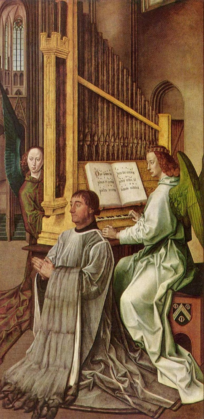 Хуго ван дер Гус. Коленопреклоненный сэр Эдуард Бонкил перед ангелом, играющим на органе (часть диптиха со Святой Троицей)