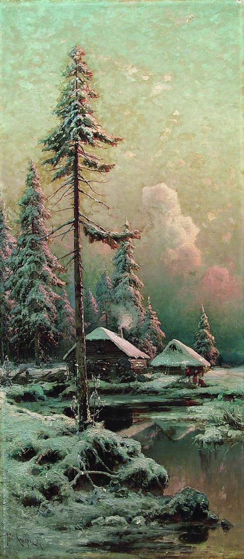 Юлий Юльевич Клевер. Зимний пейзаж с избами у реки