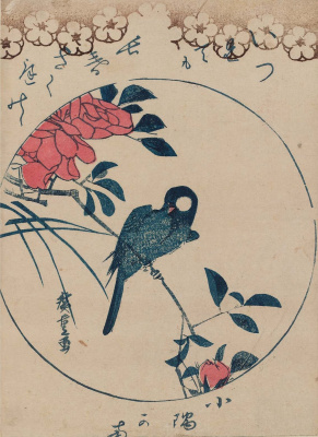 Утагава Хиросигэ. Птица на ветке и цветы розы