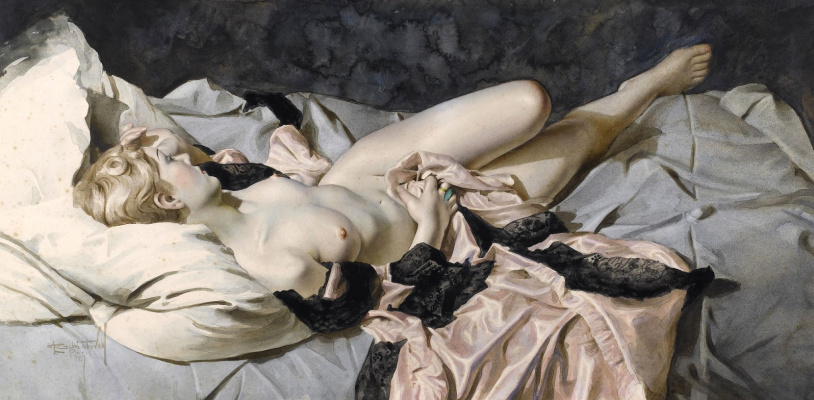 Лев Смарагдович Чистовский. Обнаженная, лежащая с розовым платьем. 1917