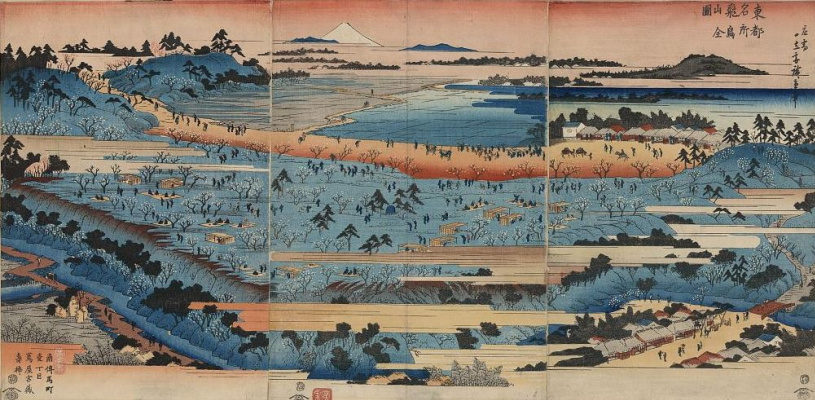 Утагава Хиросигэ. Триптих: Панорамный вид на Асукаяма