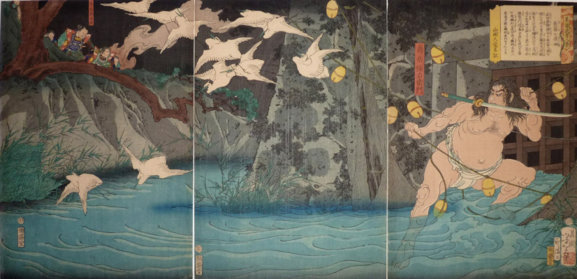 Цукиока Ёситоси. Триптих: Воин Тория Унеемон Кацутака во время осады замка Нагасино Такэды Кацуёри