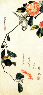 Утагава Хиросигэ. Синица на ветке камелии. Серия "Птицы и цветы"