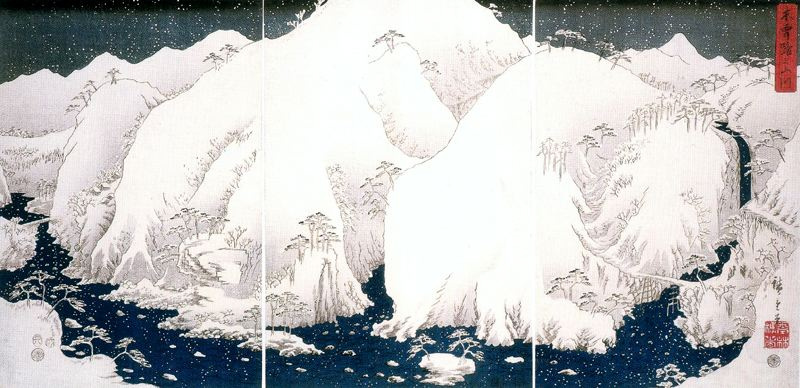 Утагава Хиросигэ. Горная река и заснеженные горы Кисо. Триптих