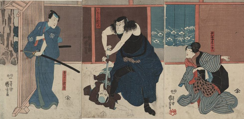 Утагава Куниёси. Триптих: Актеры кабуки в ролях Игами Гонта, его жены Косэн и Кокинзо