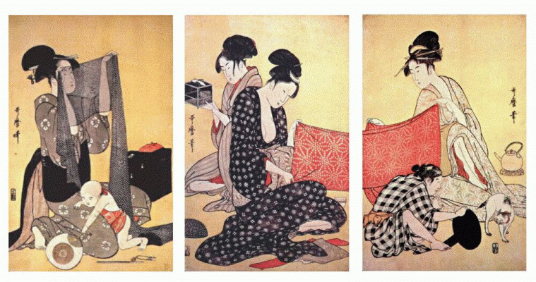 Китагава Утамаро. Женщины создают платья 1-Триптих
