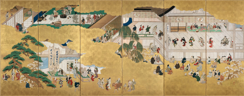 Хисикава Моронобу. Сцены из театра Кабуки в Накамуре. Роспись ширмы