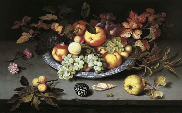Балтазар ван дер Аст. Натюрморт с фруктами на блюде и раковинами, фруктами и улиткой на столе