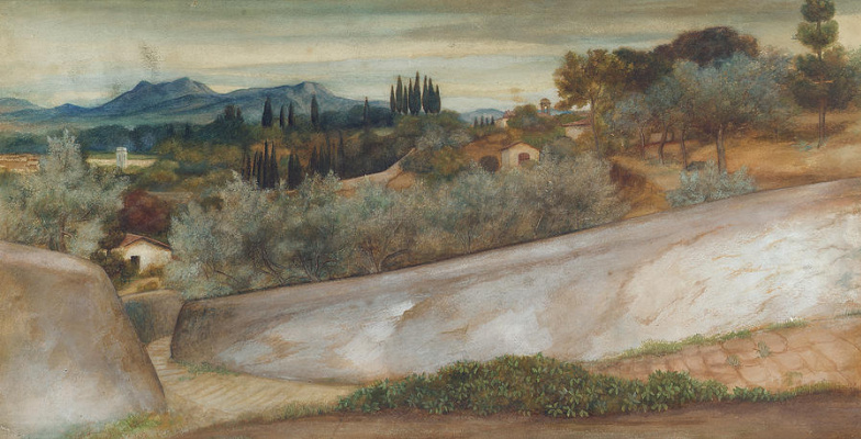Джон Роддэм Спенсер-Стенхоуп. Пейзаж в Тоскане: деревня среди оливковых деревьев