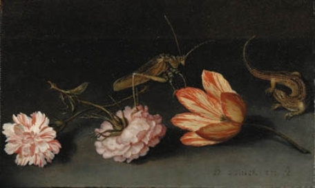 Балтазар ван дер Аст. Гвоздики, тюльпан, кузнечик и ящерица на каменном столе