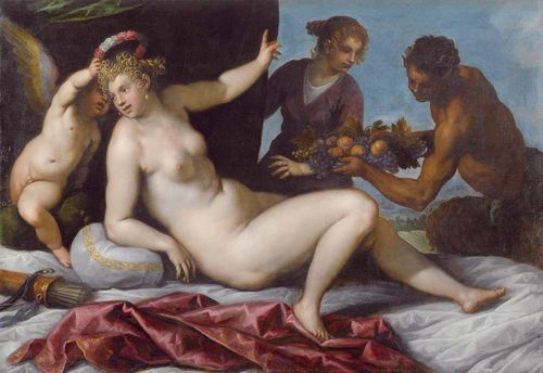 Якопо Пальма Младший. Купидон, венчающий Венеру, и сатир с фруктами