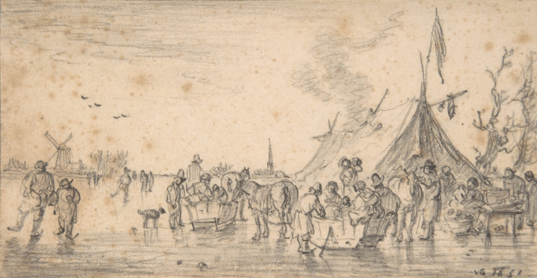Ян ван Гойен. Зимний речной пейзаж с санками