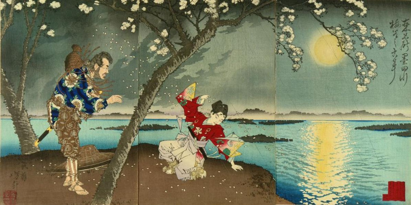 Цукиока Ёситоси. Триптих: Лунный вечер на реке Сумида
