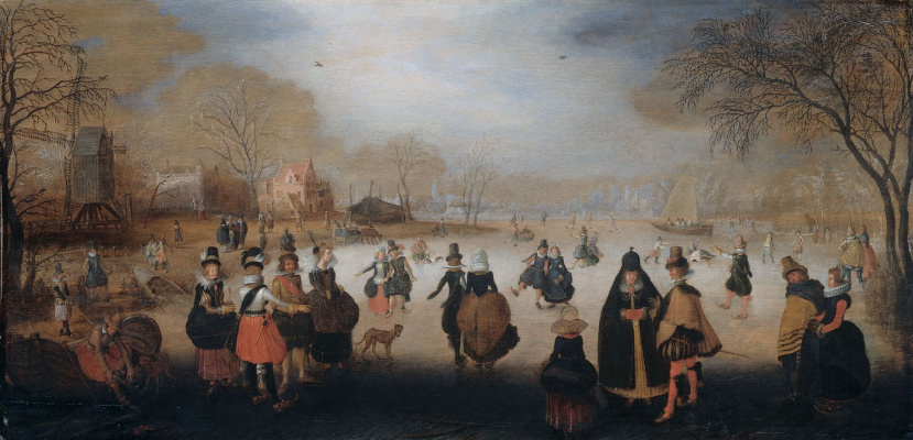 Адам ван Брин. Зимний пейзаж с элегантными фигуристами на льду замерзшего озера за городом