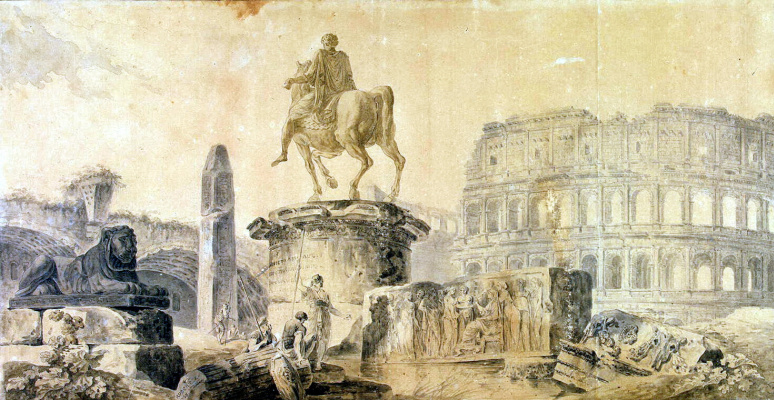 Гюбер Робер. Пейзаж с Колизеем и памятником Марку Аврелию