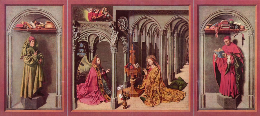 Бартелеми д' Эйк. Алтарь Благовещения, левая створка, внутренняя сторона внизу: Иисус, центральная часть: Благовещение Марии