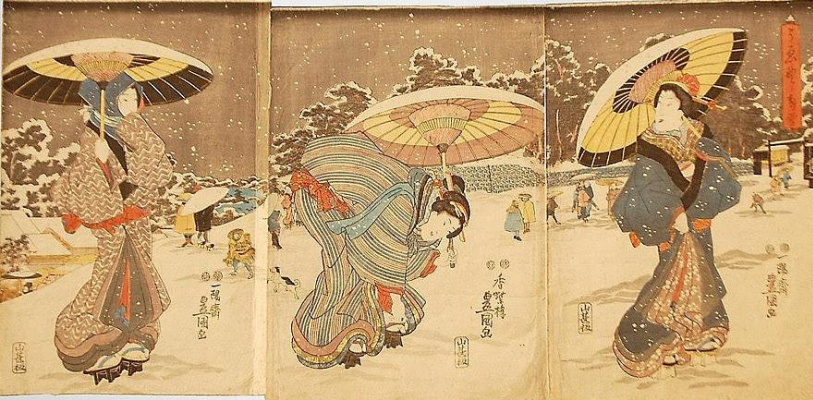 Утагава Кунисада. Триптих: Весенний снег в Уэно