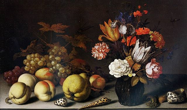 Балтазар ван дер Аст. Натюрморт с цветами в вазе, раковинами и фруктами