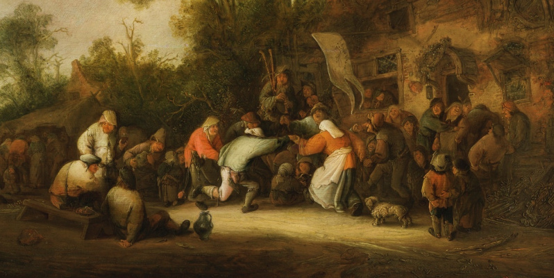 Пьяное веселье и танцы крестьян возле таверны