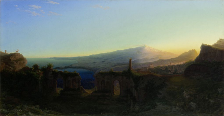 Август Копиш. Вид на гору Этна с руин театра в Тавромении на закате