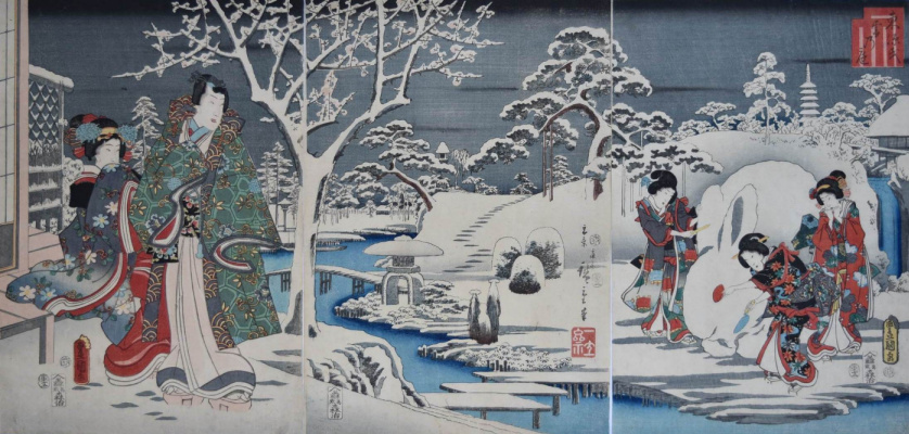 Утагава Хиросигэ. Триптих: Гэндзи и группа девушек с гигантским снежным кроликом