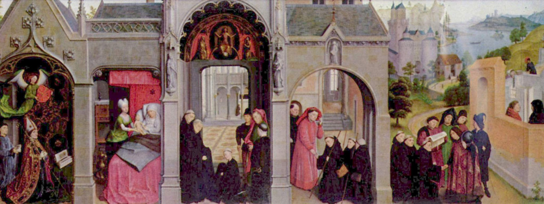 Симон Мармион. Алтарный образ церкви Сен-Бертен в Сент-Омере. Лицевая сторона левой створки. Сцены из жития св. Бертена