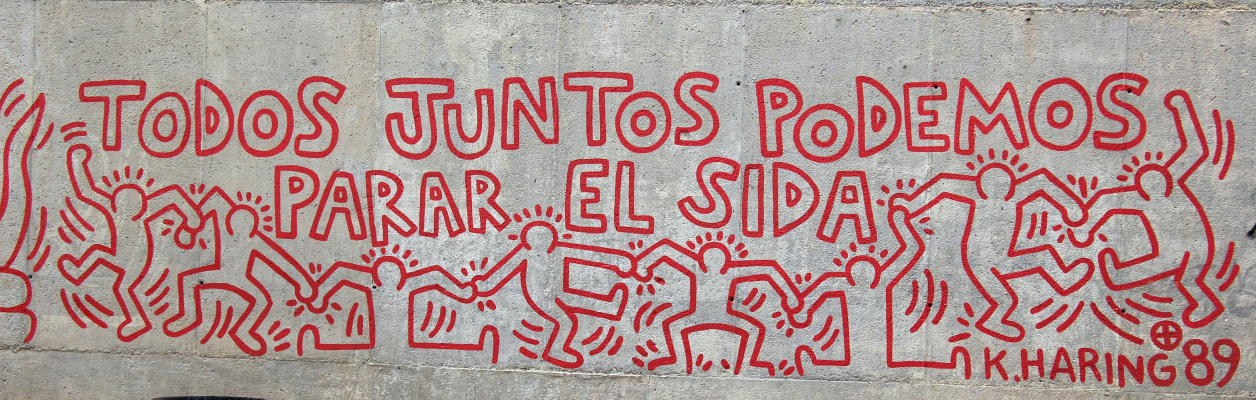 Кит Харинг. "Вместе мы можем остановить СПИД". Мурал музея современного искусства в Барселоне