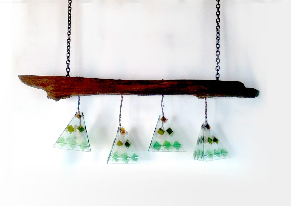  Дизайнерский светильник - подвесной Дождь в березовом лесу. Цветное стекло, ствол реликтового дуба,