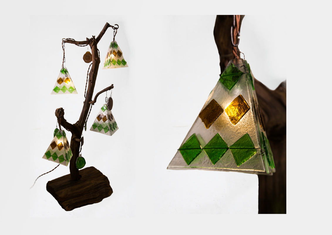 Дизайнерский светильник - торшер Цветы чая.Цветное стекло., ветви реликтового дуба, фьюзинг, браширо