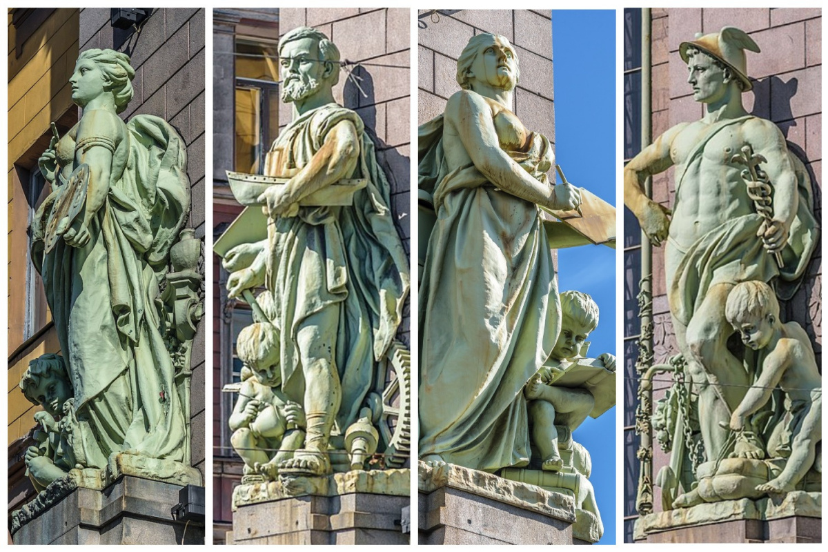 На фасаде Дома торгового товарищества «Братья Елисеевы» установлены четыре скульптуры А. Г.Адамсона: