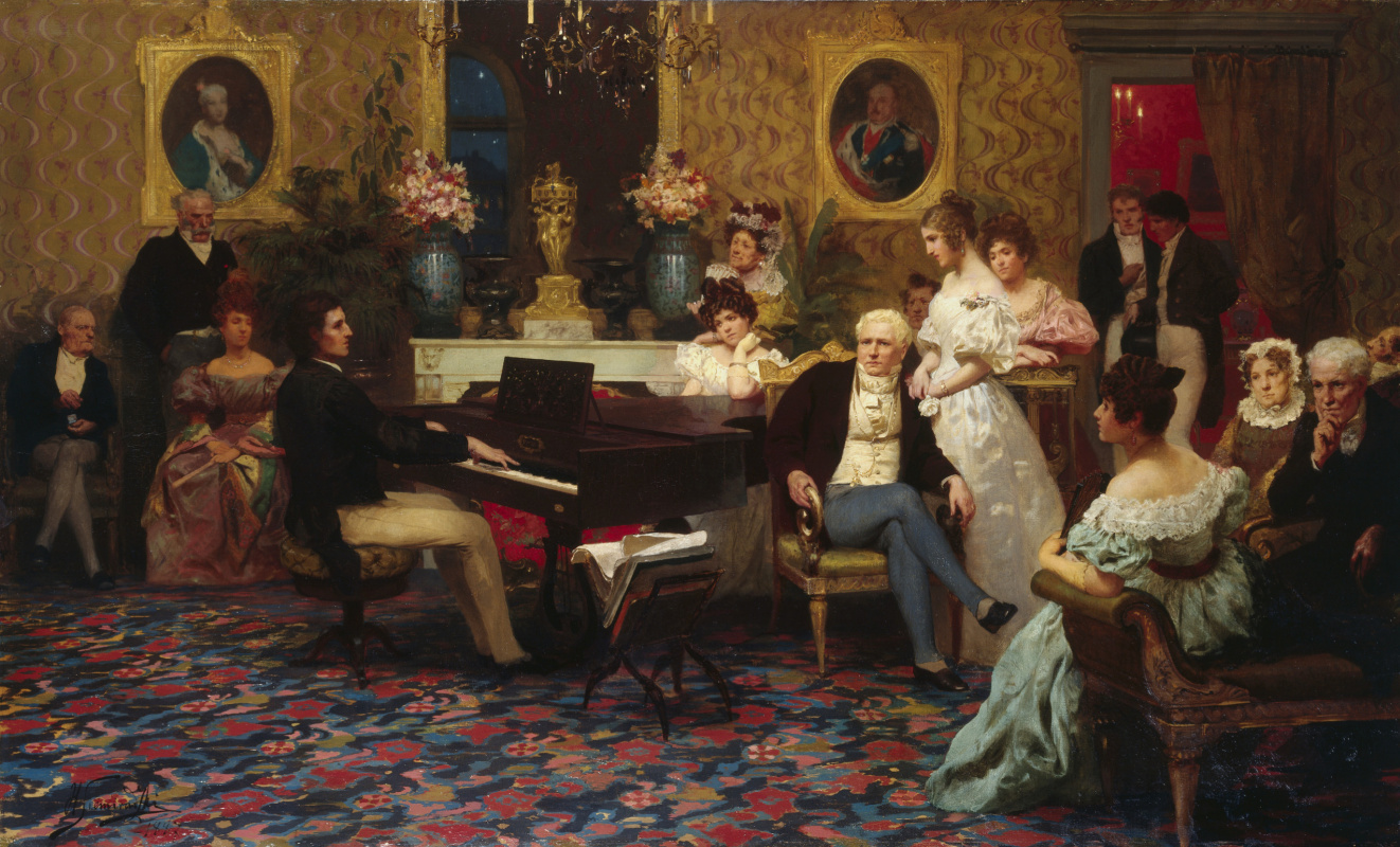 Генрих Семирадский, «Шопен, играющий на фортепиано в салоне князя Радзивилла», 1887 год
 