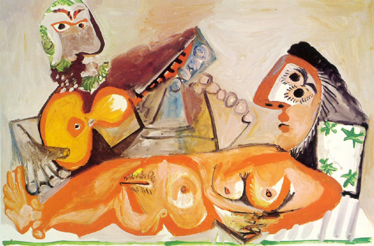 Пабло Пикассо. Лежащая обнажённая и мужчина, играющий на гитаре
