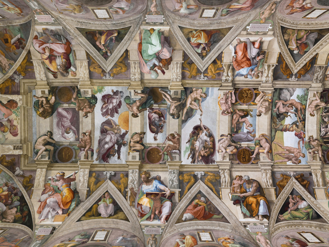 Микеланджело Буонарроти. Частичный вид на потолочные фрески Сикстинской капеллы