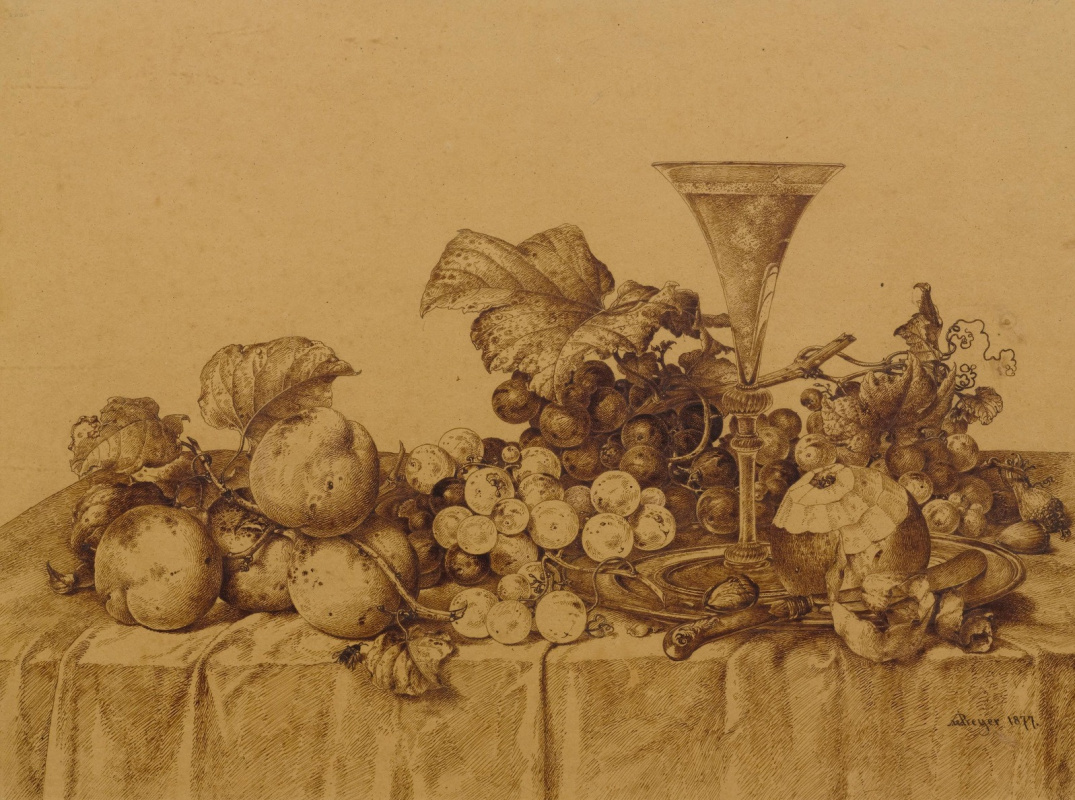 Иоганн Вильгельм Прейер. Натюрморт с фруктами, шампанским и оловянным блюдом. 1877