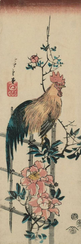 Утагава Хиросигэ. Петух на изгороди, увитой дикой розой. Серия "Птицы и цветы"