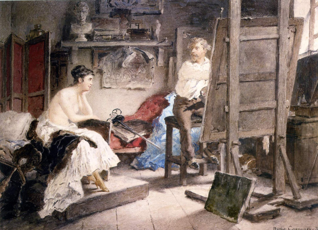 Петр Петрович Соколов. В мастерской художника (Художник и модель) . 1872