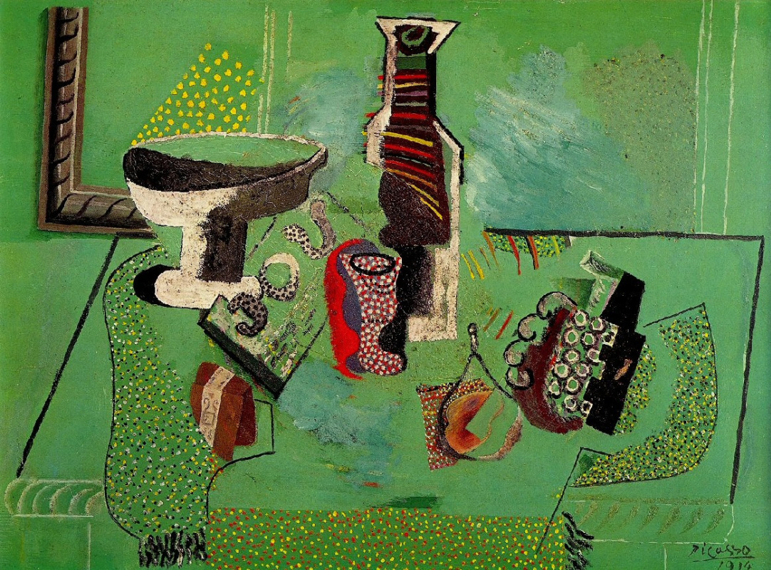 Пабло Пикассо. Ваза, бокал, бутылка и фрукты (Зеленый натюрморт)