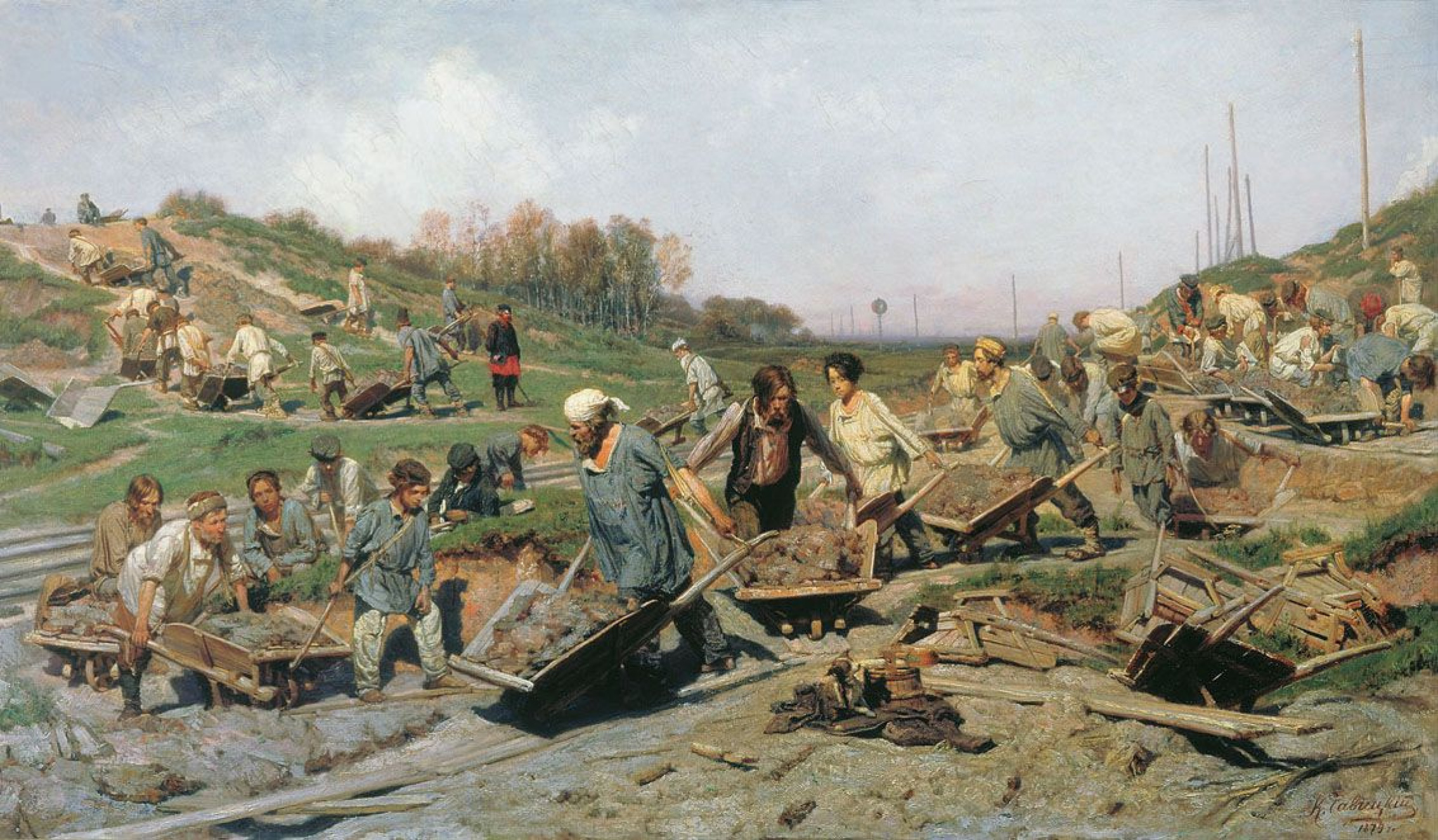 Константин Аполлонович Савицкий - Ремонтные работы на железной дороге,  1874, 175×100 см: Описание произведения | Артхив