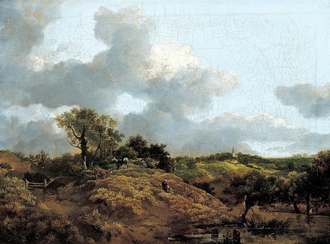 Пейзаж с сидящим на склоне пастухом