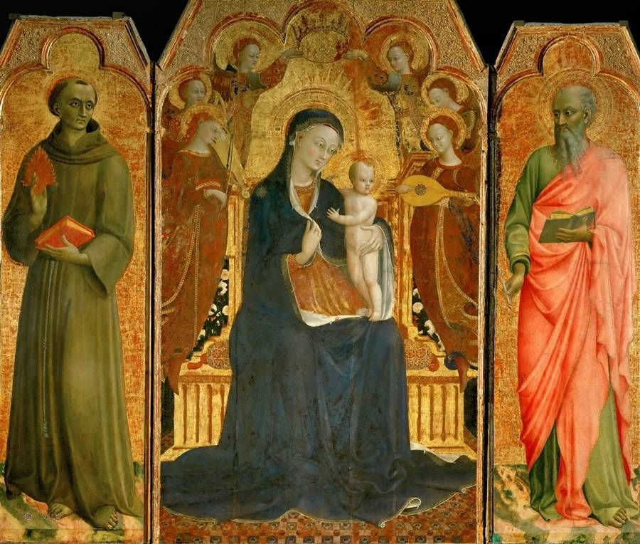 Сассетта. Мадонна с младенцем на троне в окружении шести ангелов, со святыми Антонием Падуанским и Иоанном Евангелистом
