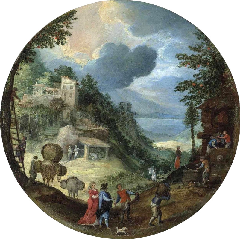 Пауль Бриль. Аллегория осени (Лесной пейзаж с фигурами и винным прессом)  1598