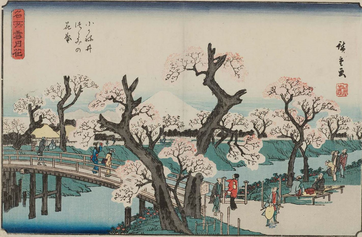 Утагава Хиросигэ. Цветущие вишневые деревья на набережной в Коганай