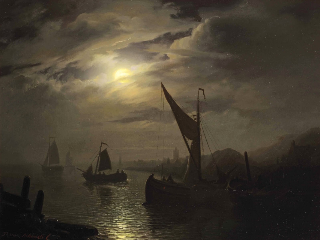 Петрус ван Шендель. Гавань в лунном свете. 1850