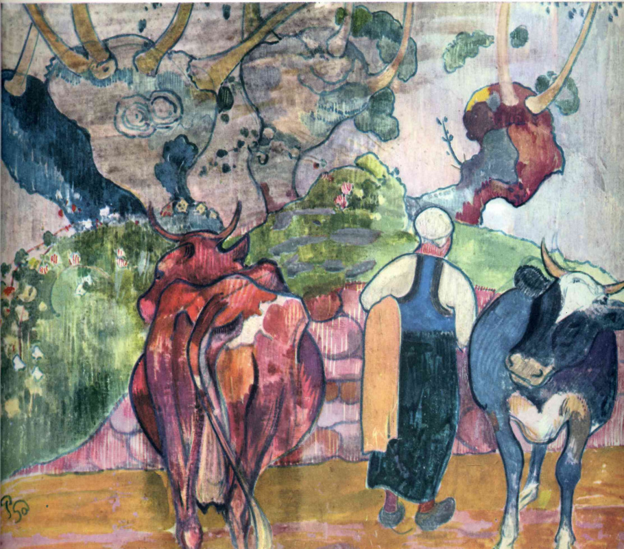 Поль Гоген. Крестьянки с коровами в ландшафте