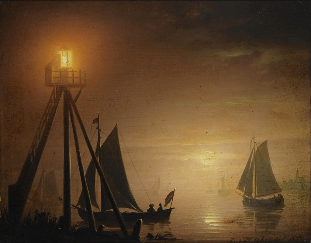Петрус ван Шендель. Лодки в лунном свете. 1847